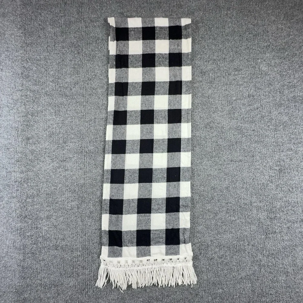 Buffalo Check Table Runner Black White Cotton Farmhouse Tassel Fringe Decor